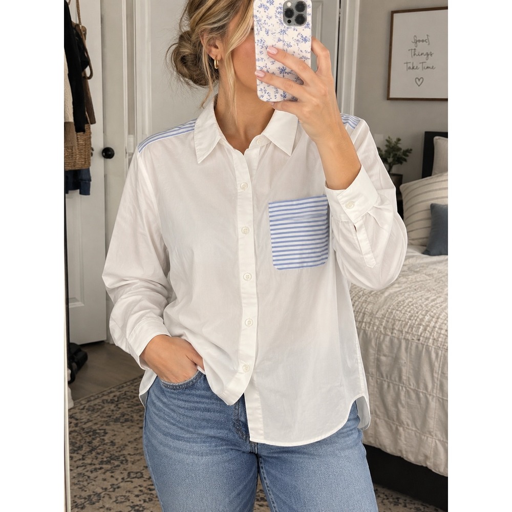 Joan Rivers Boyfriend Shirt M White Blue Stripe Button Front Cotton NWOT
